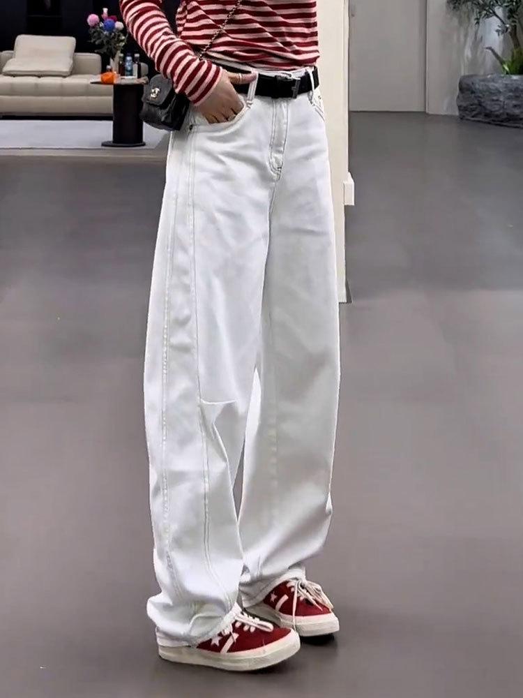 Vita Damslimmande Högmidjade Jeans med Vida Ben - Europeisk Stil, Vår/Höst 2025