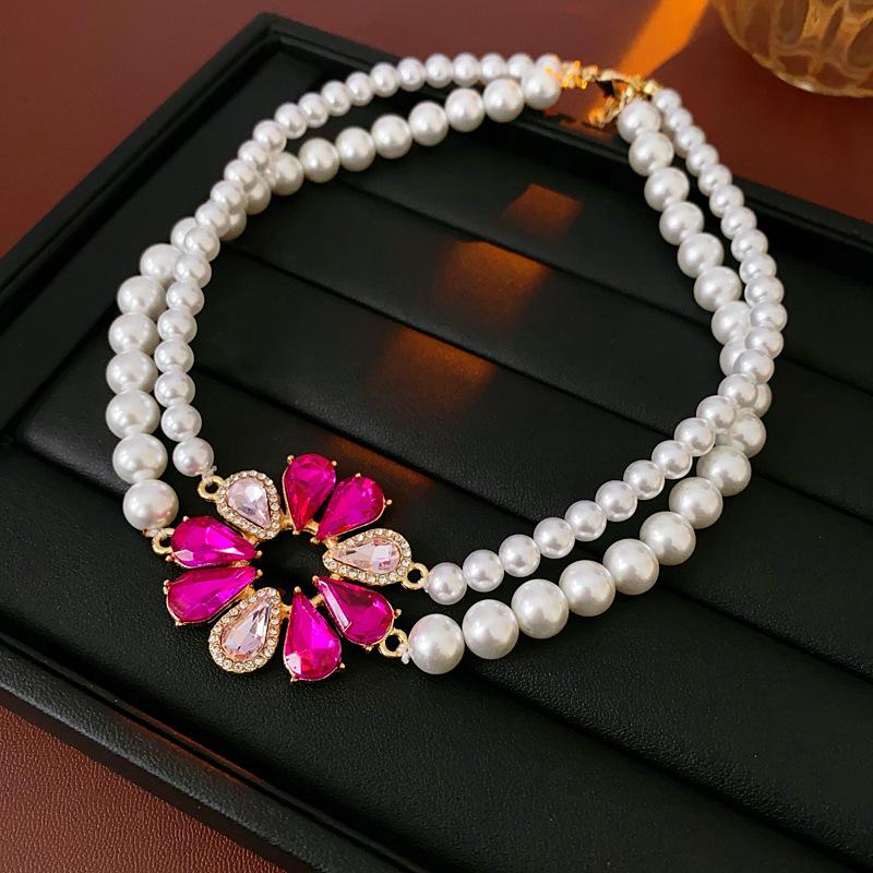 Silver Needle Diamond Flower Pearl Earrings & Necklace Set, Fashion Clavicle Chain, Luxurious Multi-layer Jewelry.