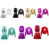 Kids Girls 3 Piece Dance Set: Metallic Mock Neck Crop Top, Skirt & Stand Collar Zipper Jacket for Stage Performance & Workout