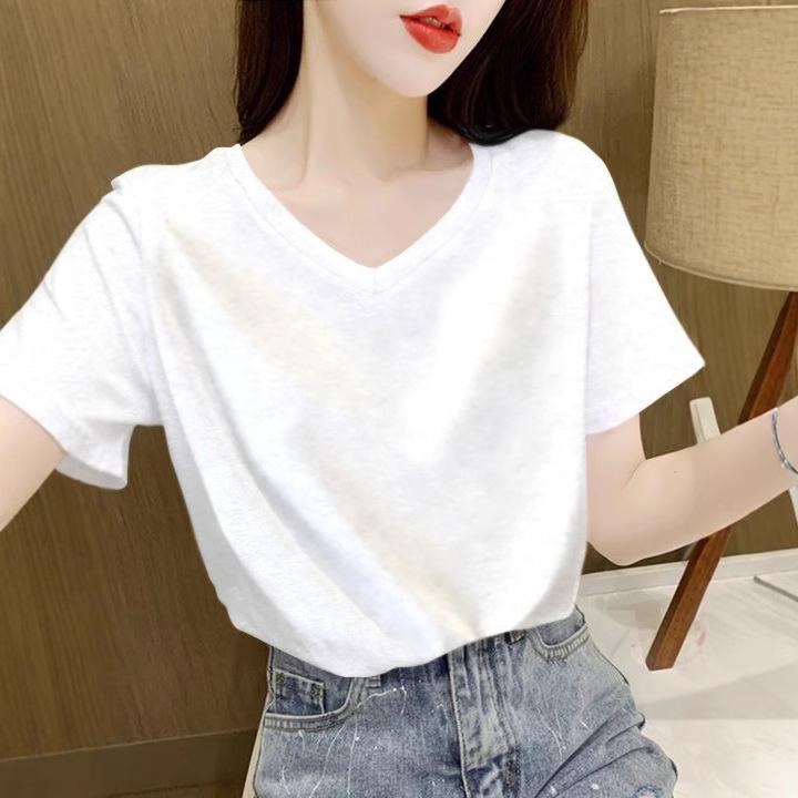 Korean version 2025 new summer simple cotton short-sleeved t-shirt women's white V-neck top loose cotton t-shirt