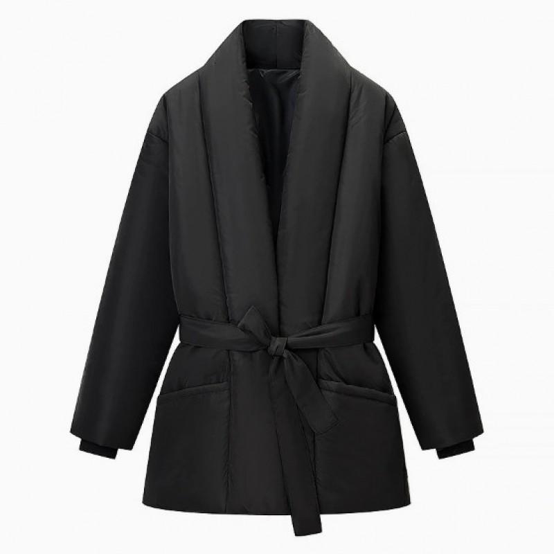 Womens Warm Loose Cotton Blend Coat With Drawstring Solid Color Casual Ethnic Style Winter Jacket
