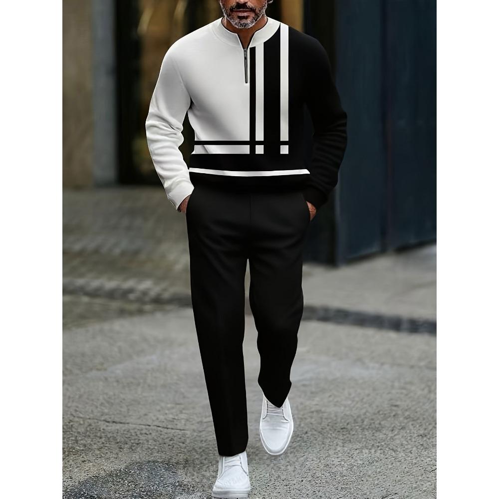 Spring Autumn Fashion Streetwear Men's Long-Sleeved Half-Zipper Stand-Up Collar Casual Sportswear Men's Clothing Two-Piece Set