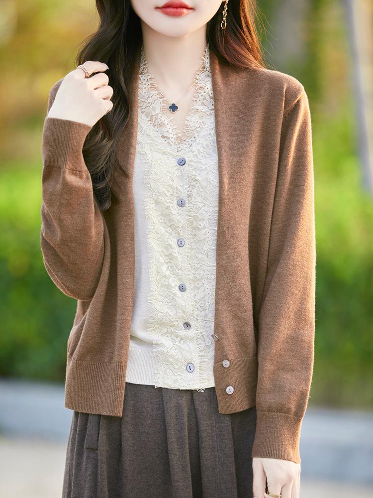 V-Neck Lace Knit Wool Cardigan Sweater - Faux Two-Piece, Long Sleeve Base Layer Top