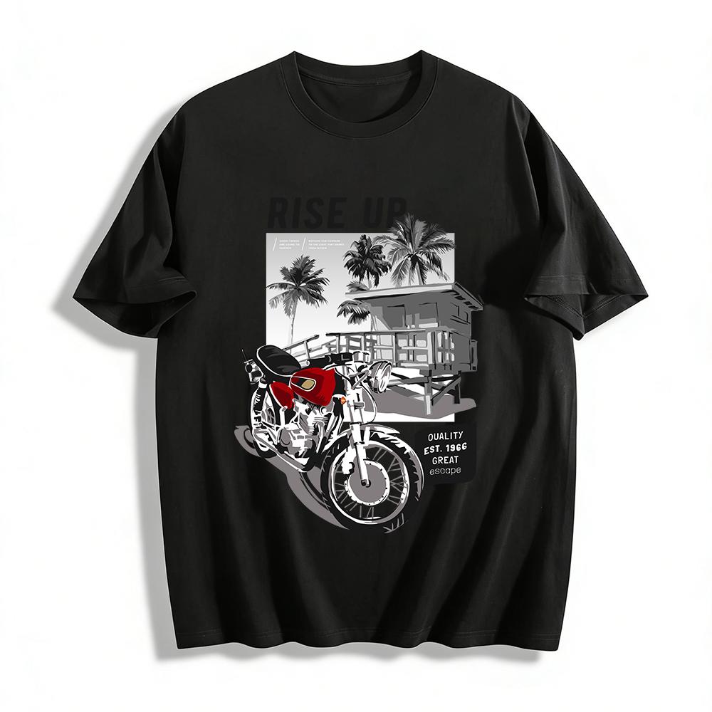 Vintage Motorcycle Coconut Tree Print Casual Vacation Loose Tee Pure cotton T-shirt XXS