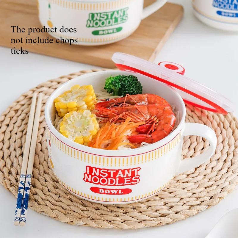 Cartoon - Printed Ceramic Instant Noodle Bowl with Lid, Single - Handle & Large Capacity Home Dormitory Bento Box Soup Bowl