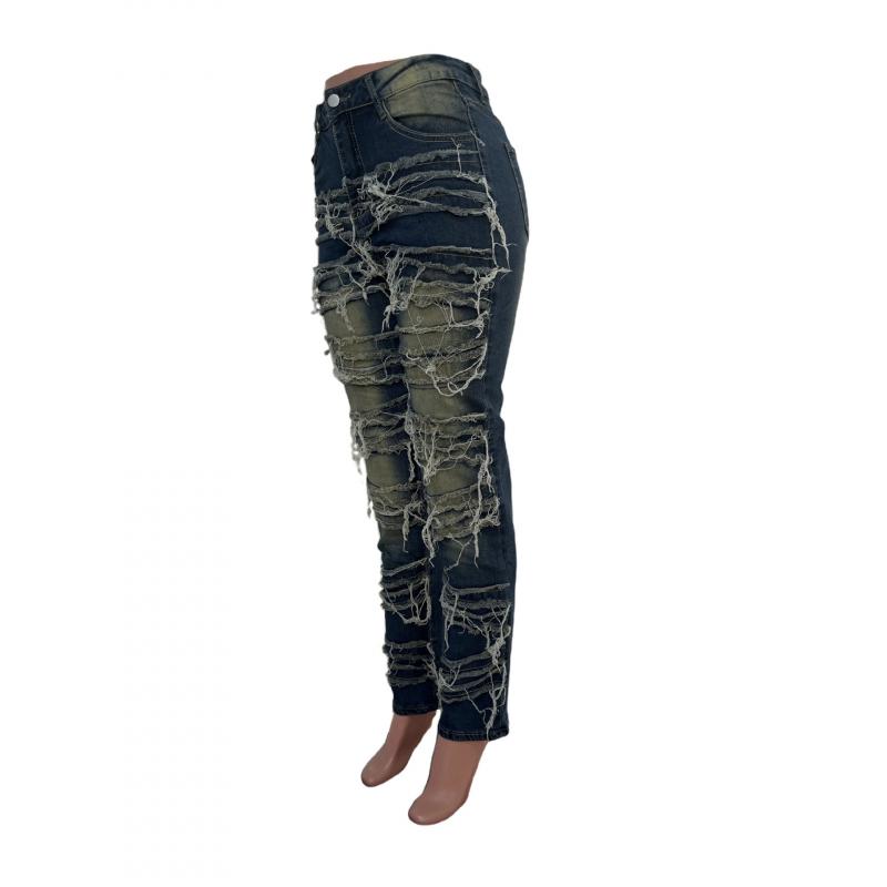2026 New Street Fashion Distressed Stretch Patchwork Jeans for Women Casual Slim-Fit Pants