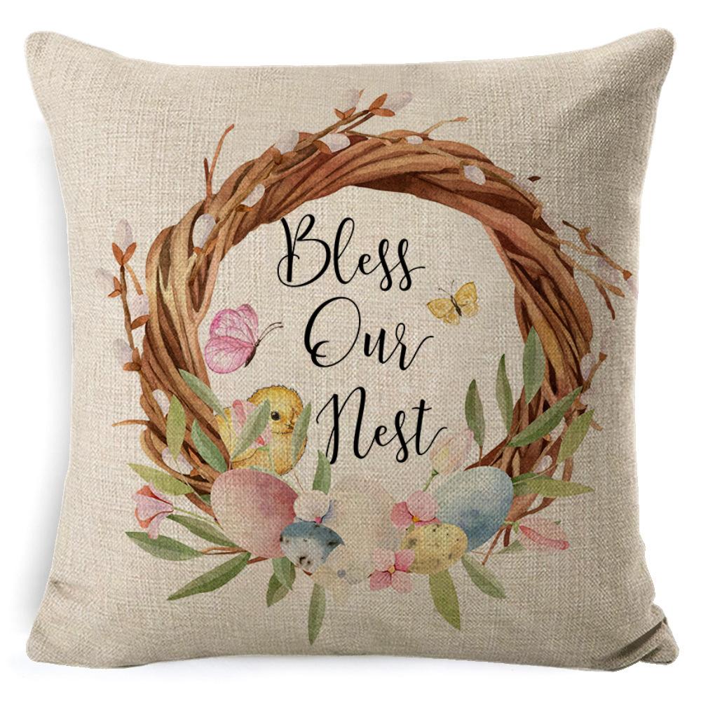 Cartoon Easter Pillow Cover Linen Watercolor Bunny Egg Home Sofa Cushion Cover