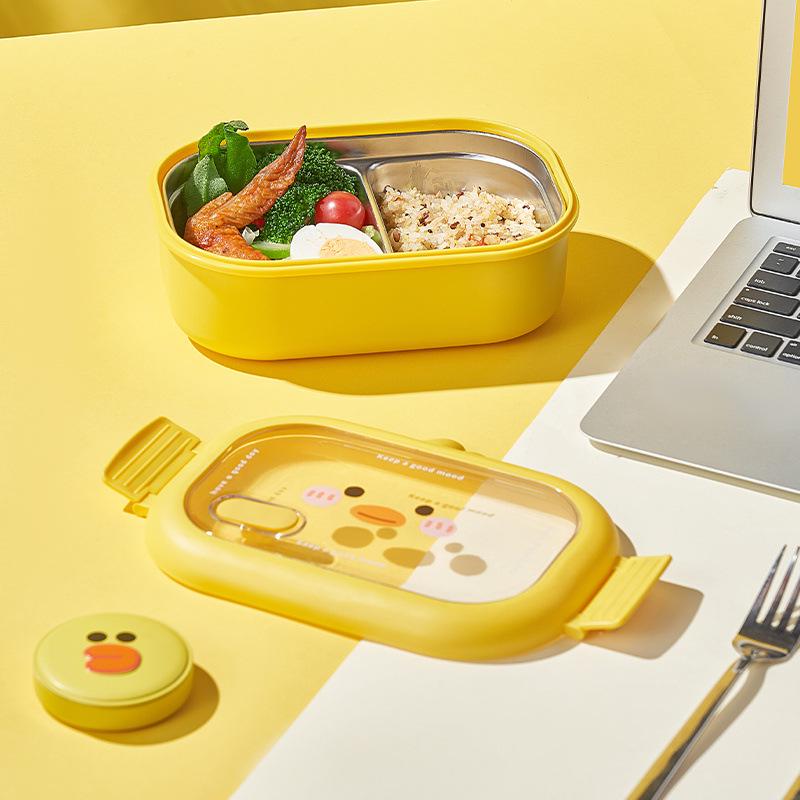 Children's Cartoon Duck Insulated Stainless Steel Bento Lunch Box with Compartments for Students and Office Workers