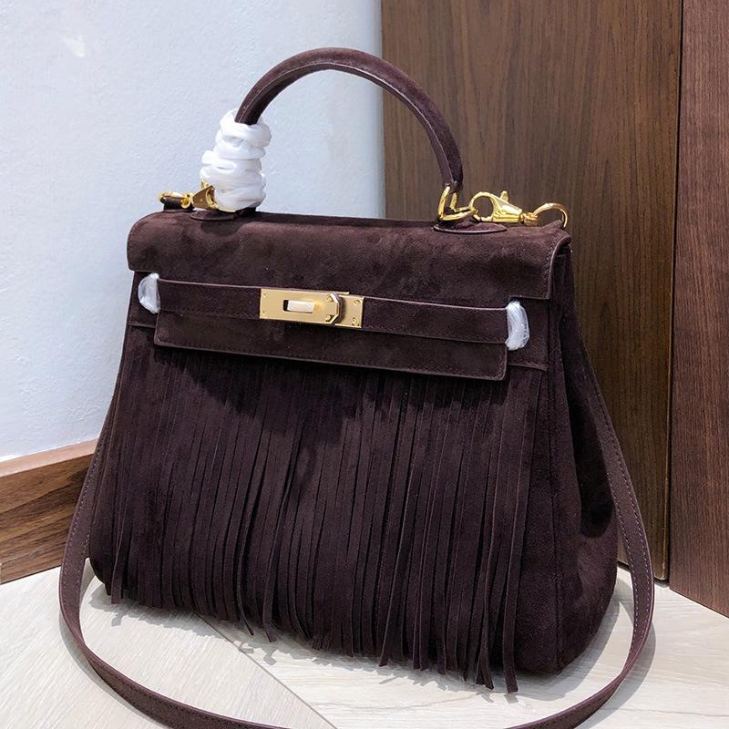 Autumn and Winter New First-layer Cowhide Suede Bag Genuine Leather Handbag Fringed Lock Commuter Shoulder Bag Women