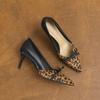78823 [sheepskin] high heels women's thin heels 2025 new pointed leopard print light mouth bow single shoes