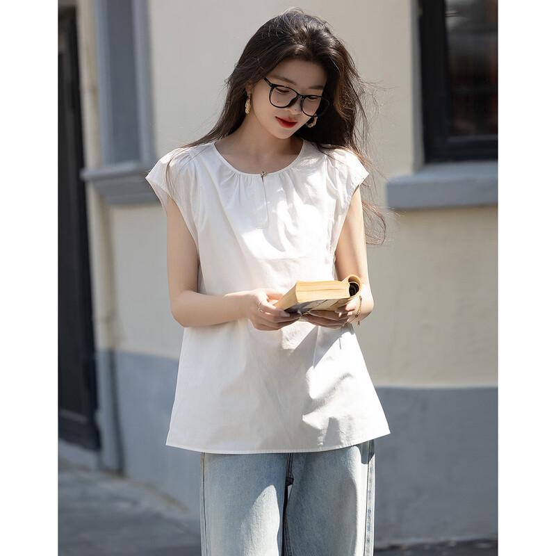Women's Lightweight Cotton Poplin Split Neck Flutter Sleeve Blouse