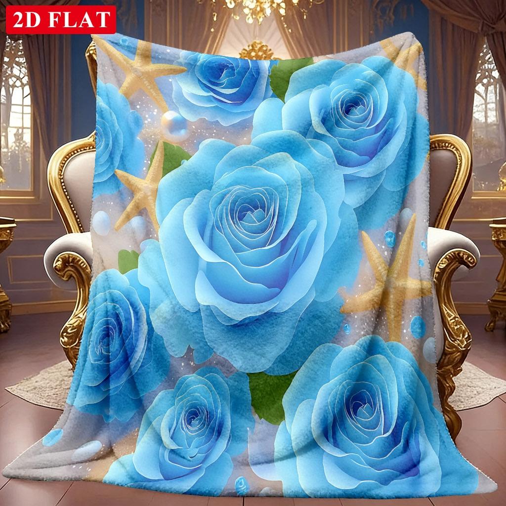 1pc 2D Blue Rose Starfish Pearl Theme Pattern Flannel Blanket, Soft HD Digital Print, Cooling Blanket All-Season Use! Soft And Breathable 100% Polyest