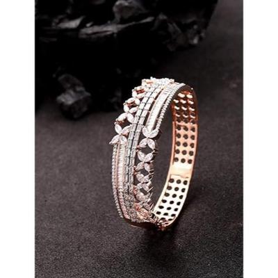 Layered Bold Rose Gold Bracelet for Women | American Diamond Studded | Floral Striped Pattern | Designer Kada Style Girls Bracelet