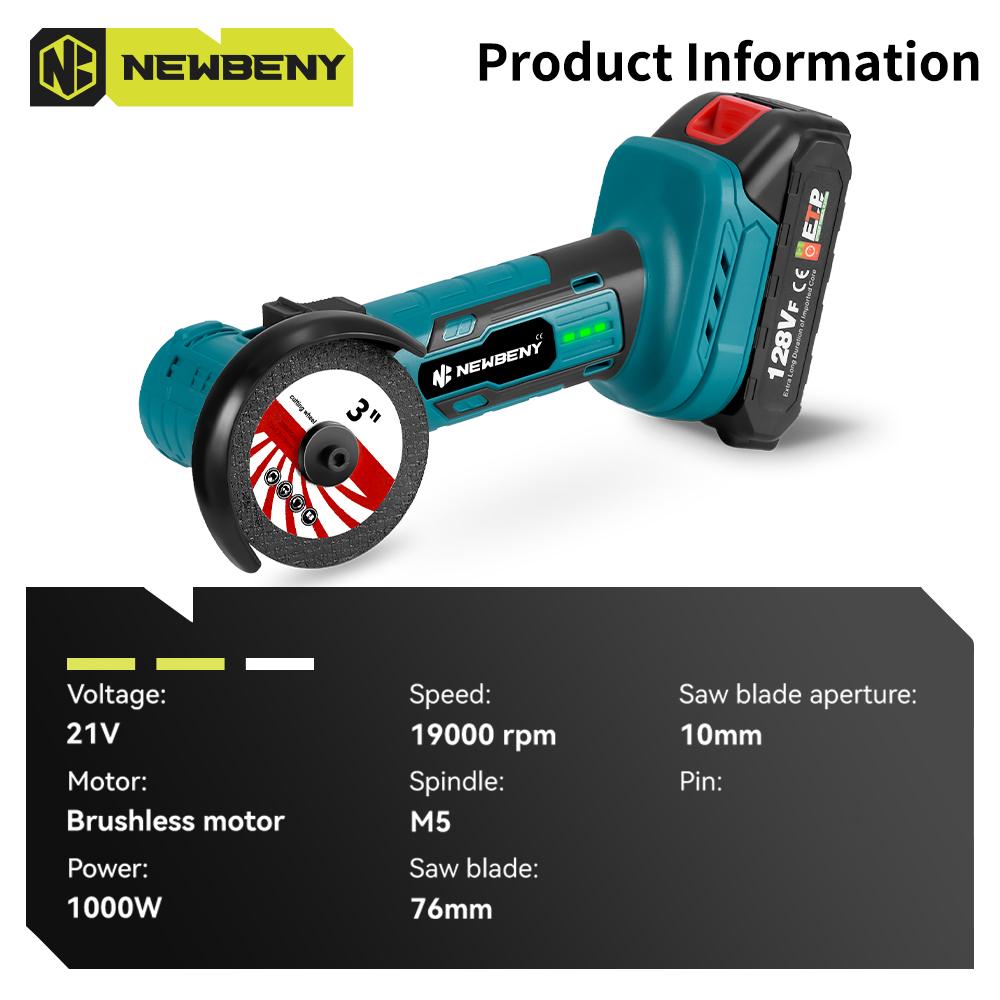 Newbeny Mini Meuleuse d'Angle Électrique Sans Fil Sans Balais 3 Pouces Outil de Meulage, Polissage et Coupe Efficace pour Métal et Bois Pour Batterie Makita 18V