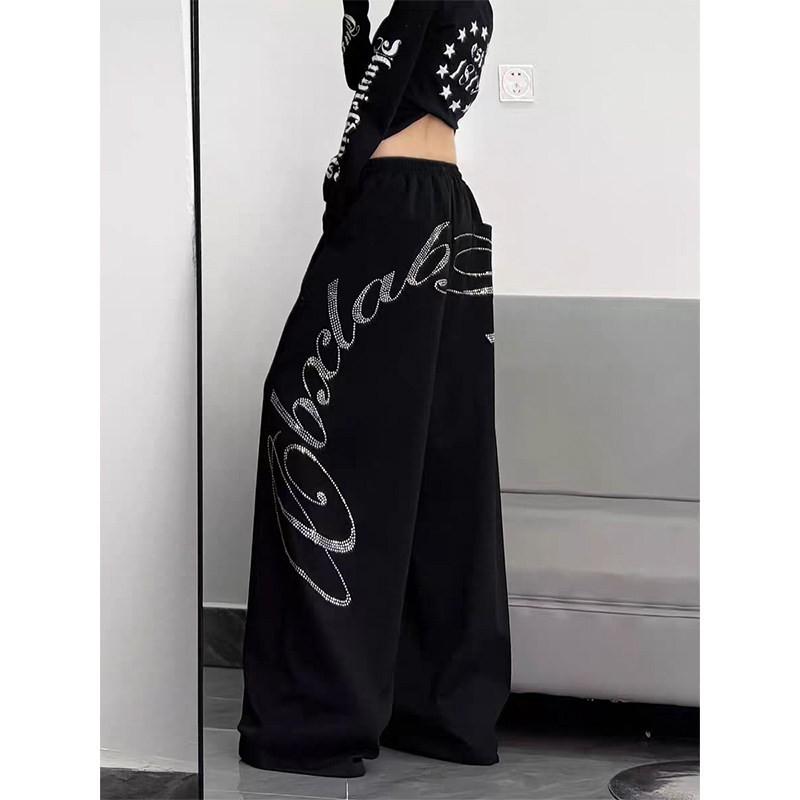 Womens Black Wide Leg Sweatpants With Rhinestone Embellishment Streetwear Loose Fit Joggers Dance Casual Wear