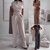 Women's Sleeveless High Waist Wide Leg Pants Set, Casual Elegant Two Piece Outfit In Beige, Brown, Charcoal