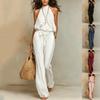 Traje de mujer con cuello halter Color liso Casual Holgado Pantalones de pierna ancha Sin mangas Espalda descubierta Elegante Traje de verano