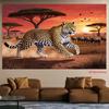 Wild Safari Tapestry, Dramatic Scene of a Powerful Leopard Running Across the African Savanna Under a Fiery Sunset Sky, Bold Wildlife Wall Art