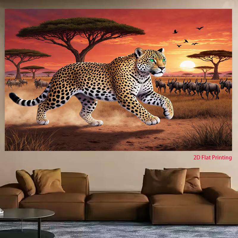 Wild Safari Tapestry, Dramatic Scene of a Powerful Leopard Running Across the African Savanna Under a Fiery Sunset Sky, Bold Wildlife Wall Art