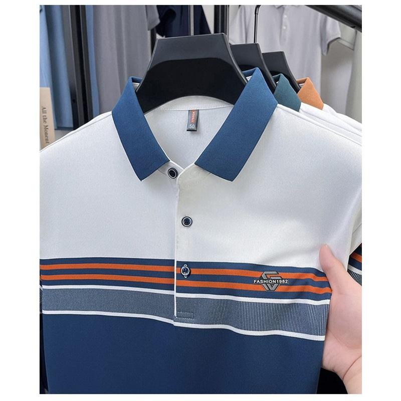 Herren Farbblock Gestreiftes Poloshirt Kurzarm Business Casual Oberteil Atmungsaktiv Sommer Poloshirt