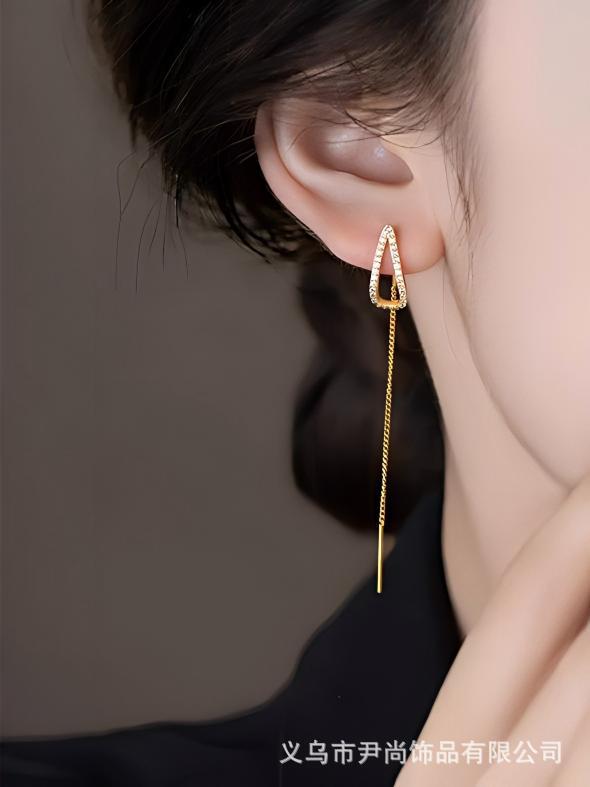 Copper-Plated Real Gold, Slightly Inlaid Zircon, Water Drop-Shaped Long Fringed Earrings, Niche Design Sense, Fashionable Earphones, Exquisite