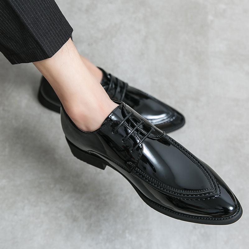 Leather shoes new breathable soft-soled glossy youth casual British pointed business inner height-increasing wedding shoes