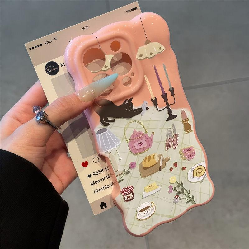 Afternoon tea black cat illustration applies to Apple 17 Wave Cloud 16Pro mobile phone case 14/15 three-dimensional 12 girl 13