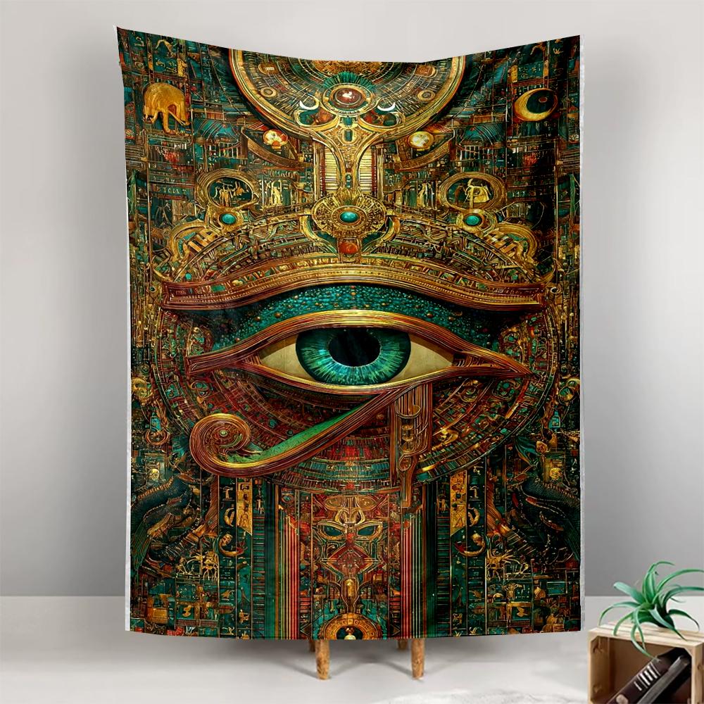 Tapestry Egyptian Eye of Horus Ornate Teal Gold Psychedelic Detailed Hieroglyphs Crown Poster