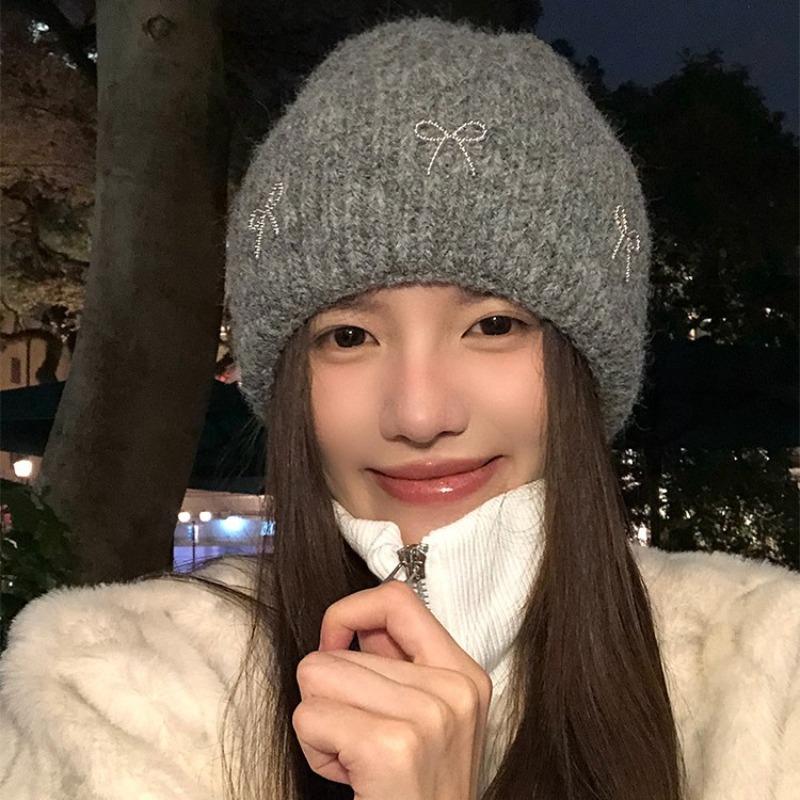 Bow Gray Wool Hat Women's Autumn and Winter Big Head Circumference Thickened Warm Knitted Hat Showing Small Face Ear Protection Hat