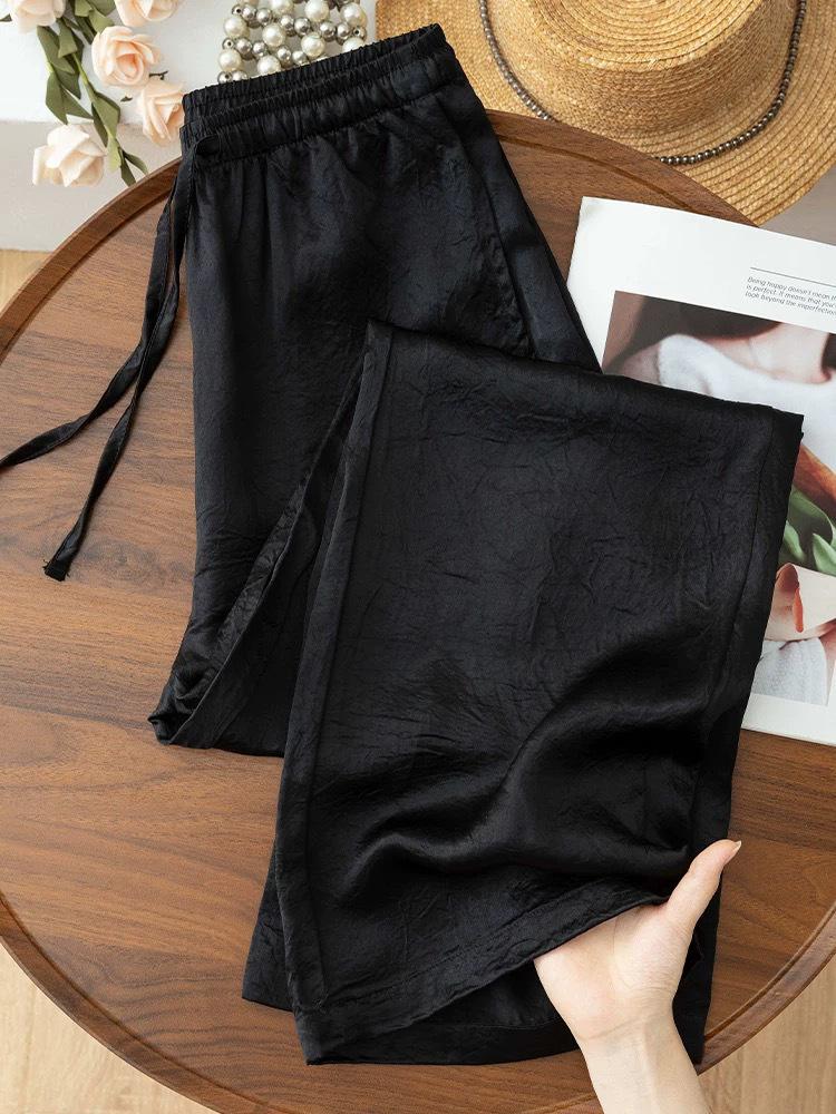 Women's 100% Acetate Satin Wide-Leg Pants - Sun Protection, Ice Silk, Anti-Wrinkle, Cooling, Straight-Leg.