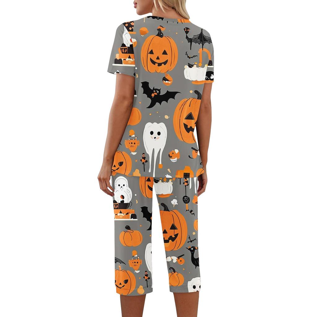 Dvoudílné soupravy pro ženy Krátký rukáv Top a Kalhoty s kapsami Cvičení Měkké Halloweenský potisk Soupravy