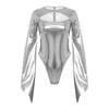 Body da Donna Lucido con Maniche Lunghe a Svasatura Zip Posteriore Invisibile Cutout Costume per Performance di Danza