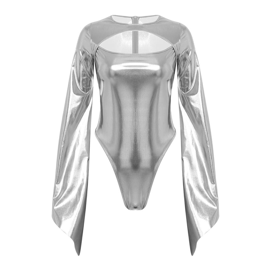 Body da Donna Lucido con Maniche Lunghe a Svasatura Zip Posteriore Invisibile Cutout Costume per Performance di Danza