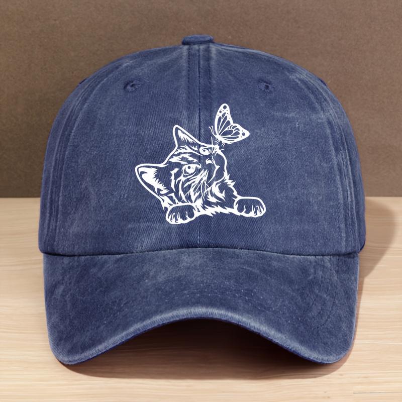 Moda męska i damska Czapka z daszkiem z nadrukiem litery, kota i motyla, prana, regulowana czapka typu trucker do sportów na świeżym powietrzu, na kemping