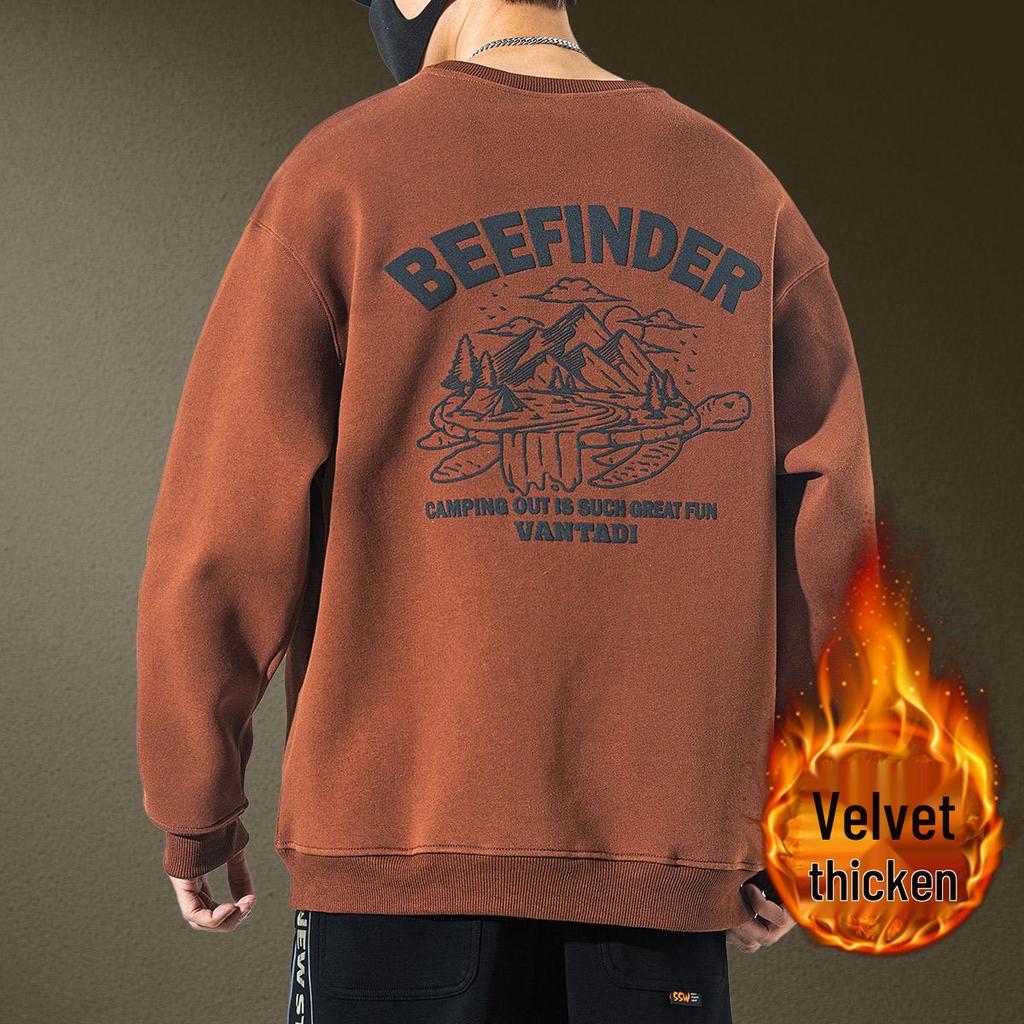 Men's Trendy Brand Heavyweight Round Neck Sweatshirt - Autumn Loose Casual Print with Velvet Long Sleeves