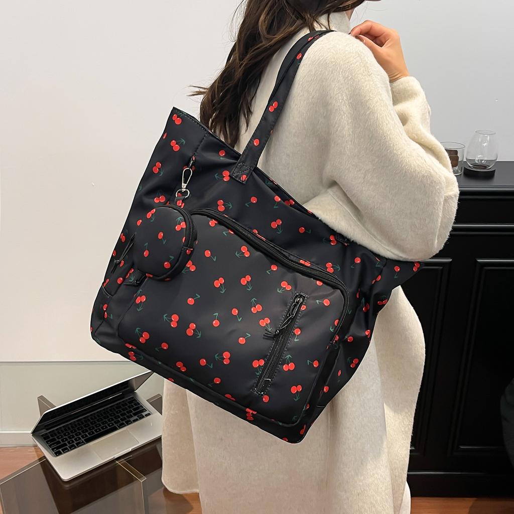 Fashion Cherry Print Nylon Shoulder Bag for Women Large Capacity Multi-Pocket Tote Handbag Versatile Outing College Bag