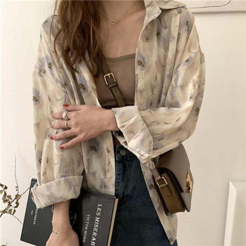 

Женская рубашка весна-осень, трехцветная рубашка из шифона с винтажным принтом, свободный лацкан, повседневный топ для женщин, масляная живопись 2XL синий