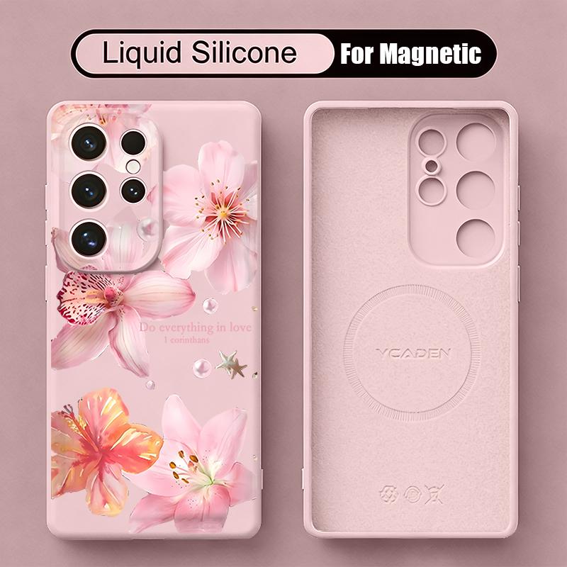 Black Lotus Flowers Print Case For Samsung Galaxy S26 S25 Ultra S24 Plus S23 S22 Ultra Magnetic For Magsafe Liquid Silicone Cover