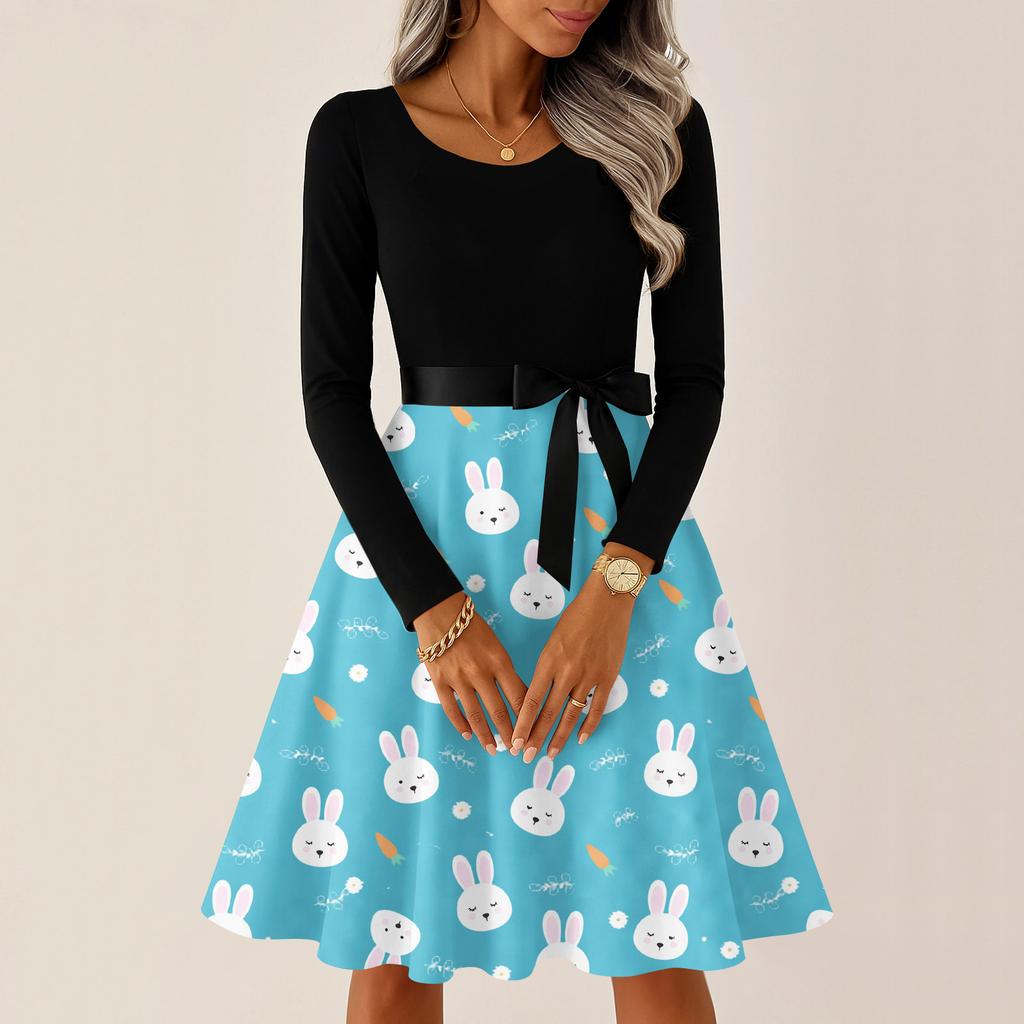 Women's Casual Fashion R-neck Long Sleeved Retro Christmas Print Retro Dress