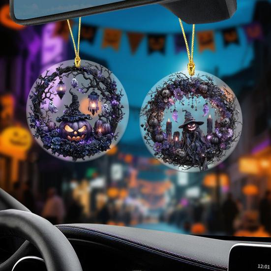 Halloween Pumpkin Witch Pendant Car Rearview Mirror Hanging Ornament 2D Flat Acrylic Bag Charm Festive Gift for Car Enthusiasts