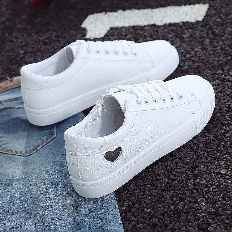 Fashion Fashionable Low-Top Lace-Up Women's Casual White Sneakers Trendy Slip-On Board Shoes Comfortable Rubber Sole Polyurethane Upper