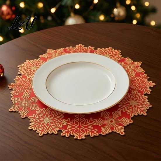 Table Mats for Candlesticks Christmas Embroidered Placemat Red And Gold Snowflake Durable Polyester Placemats Mat Heat Resistant Decorative