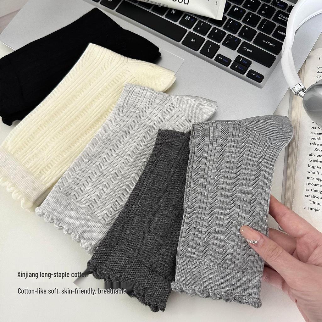 Women's Breathable Cotton Lace Mid-Calf Socks - Soft, Comfortable & Sweat-Absorbent for Commuting.