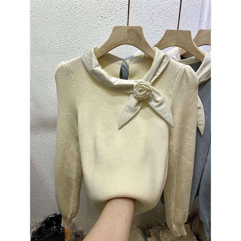 

Popular Tie Tied Bow Knit Sweater for Women Stylish Slim Fit Base Sweater Bubble Long Sleeved Top xl абрикосовий