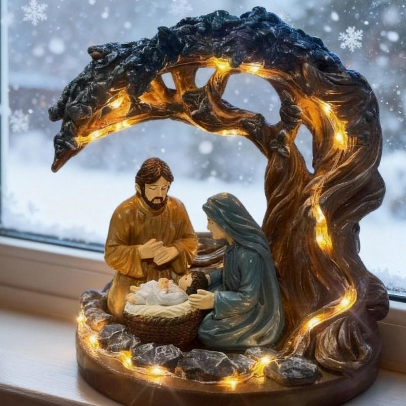 Sacred Nativity Scene Under Tree Resin Sculpture Decoration with LED Lighted for Christmas Home Tabletop Decors Ornament