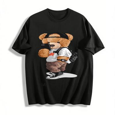 Trendy Selfie Bear Print Casual Tshirt Unisex Daily Wear Top Pure Cotton T-shirt