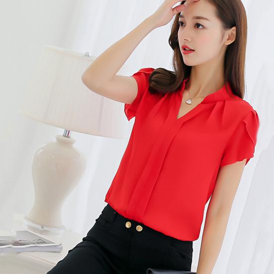 Office Lady Formal Summer Solid Color Chiffon Blouse V Neck Short Sleeve Shirt