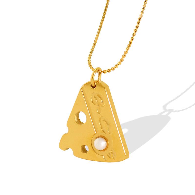 Year Of The Tiger'S New Simple Cheese Block Notched Imitation Pearl Pendant Necklace Titanium Steel Plated With 18K Gold One Piece