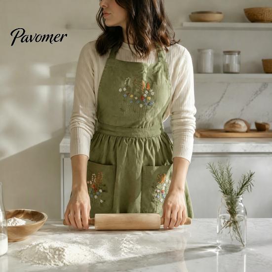 Adjustable Professional Chef Apron Kitchen with Pockets, Durable Washable Apron, Cross Fabric Cooking Back Design, Hand-Embroidered Heavy Duty Utility
