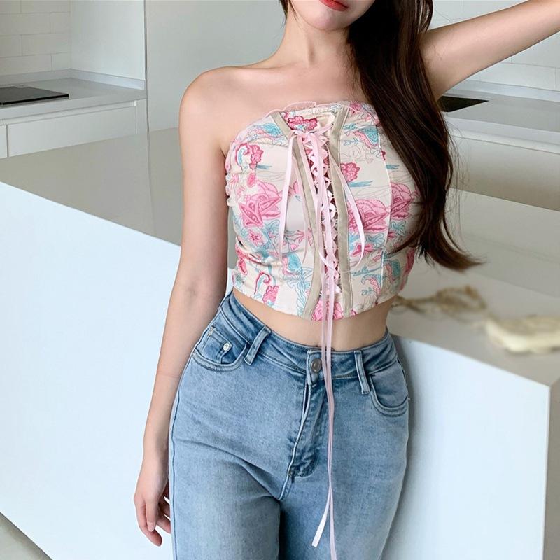 Fariy Floral Party Sexy Strapless Tops Women Off Shoulder Elegant Chic Slim Camisole Female Korean Fashion Casual Tank Tops New